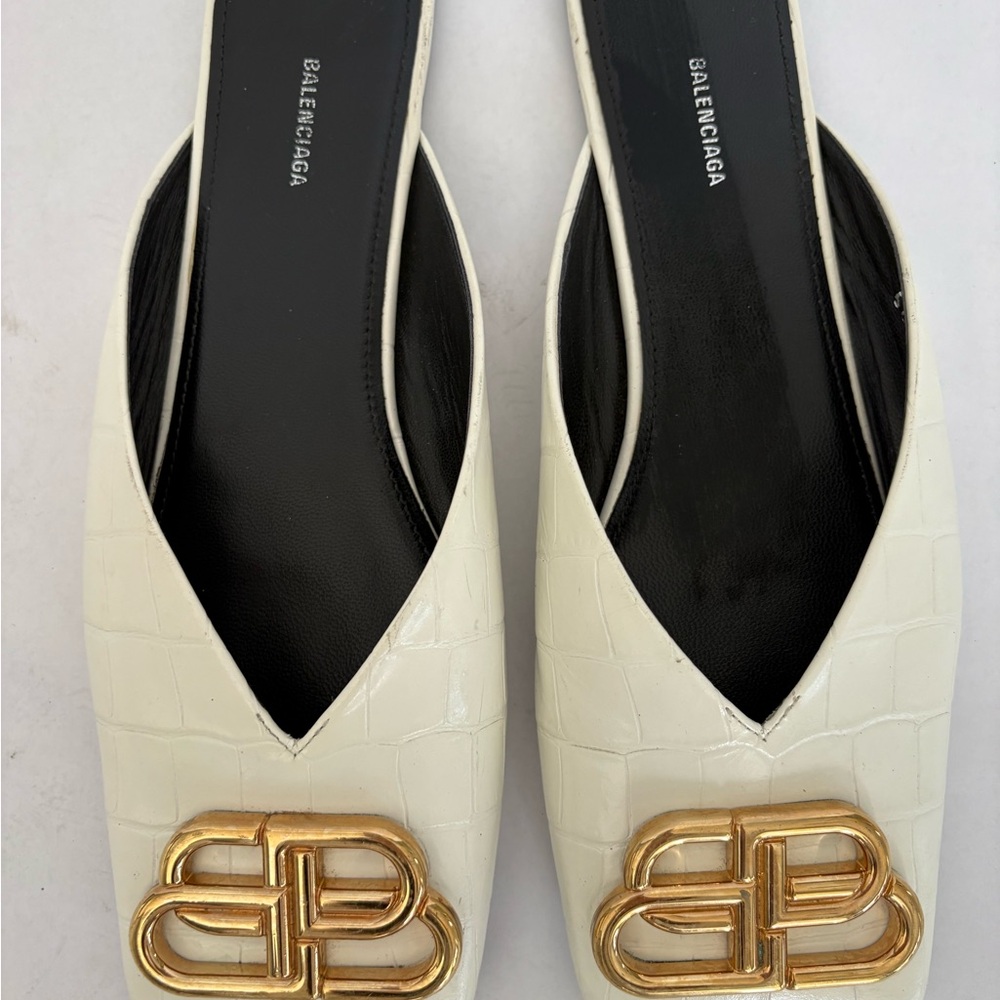 Balenciaga White Mules with Gold Logo